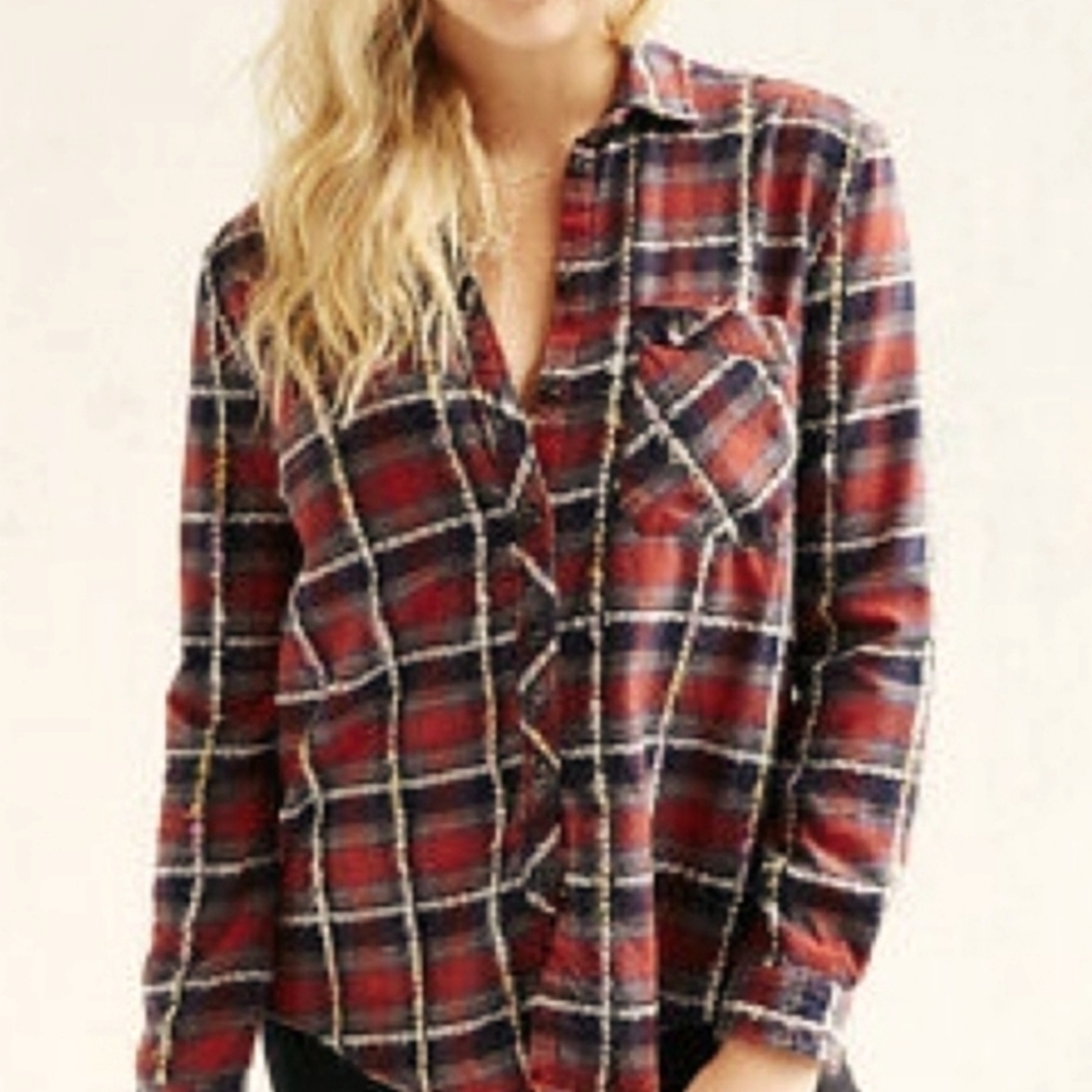 Urban Outfitters BDG red multicolored textured plaid flannel buttondown size L